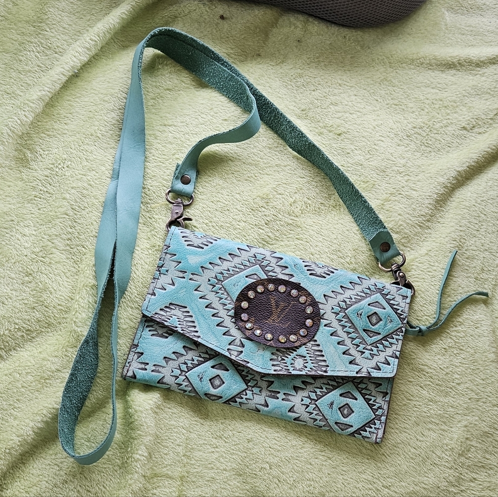 Keep It Gypsy Upcycled Teal Aztec Patterned Crossbody Bag